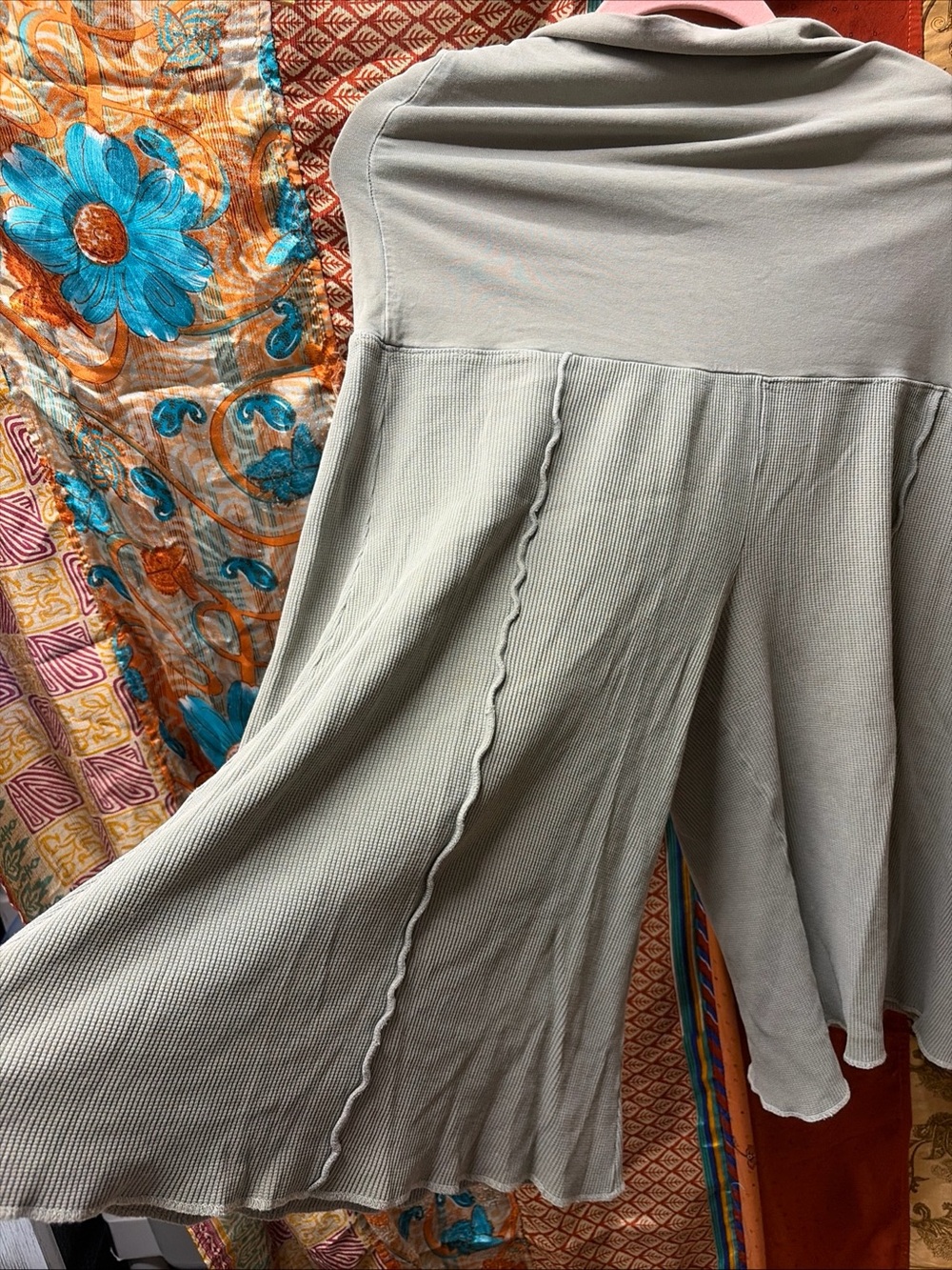 Vintage blue fish gaucho wide leg crop ribbed cotton pants green sz 1 s-l - Picture 2 of 10